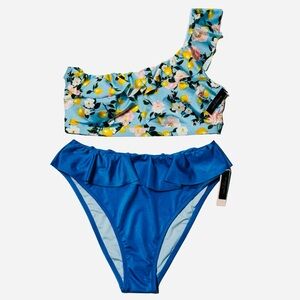 Victoria’s Secret Set, Swim Ruffle Bikini Blue Lemon Top, Blue Ruffle Bottom, L